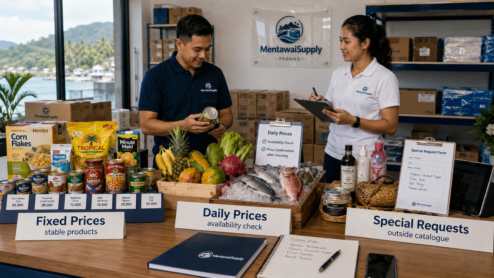 Fixed prices, daily prices and special requests for Mentawai resort supply