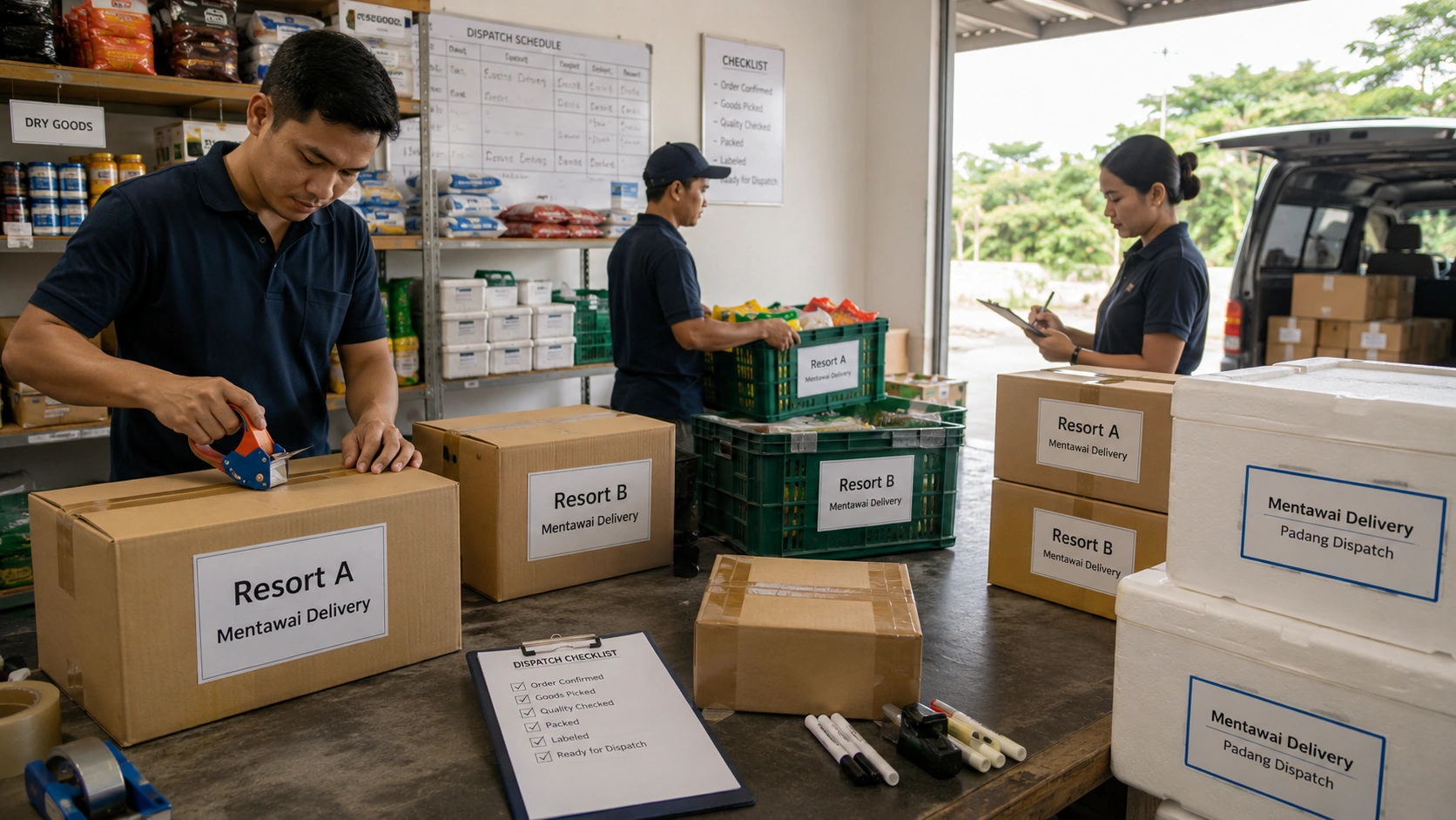 Padang supply packing and labelled resort boxes