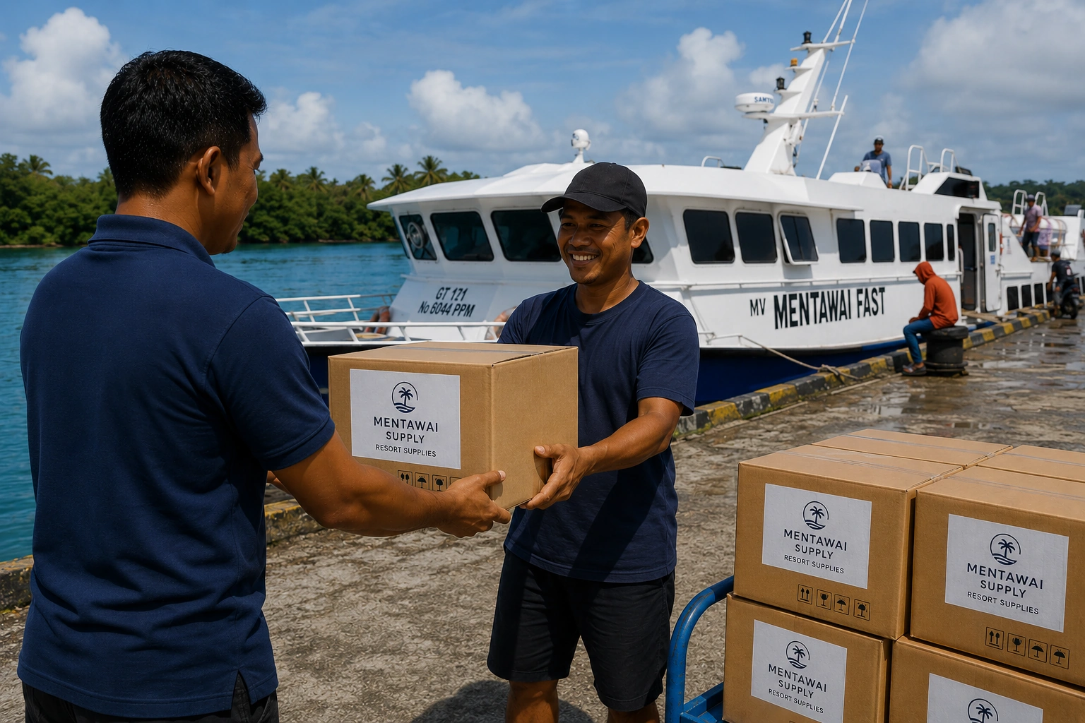 Ferry handover with labelled supply boxes for Mentawai resort delivery